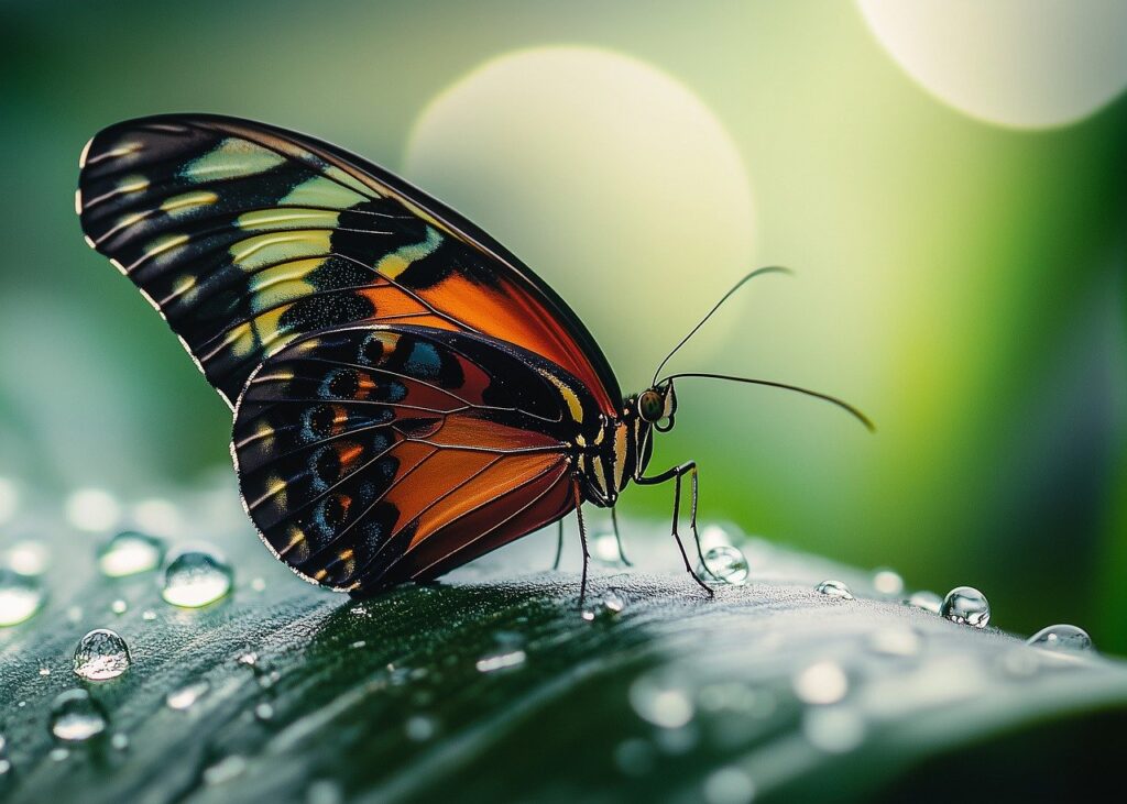 butterfly, drops, leaf, macro, nature, morning sun, dew, animal photography, ai generated-9647756.jpg